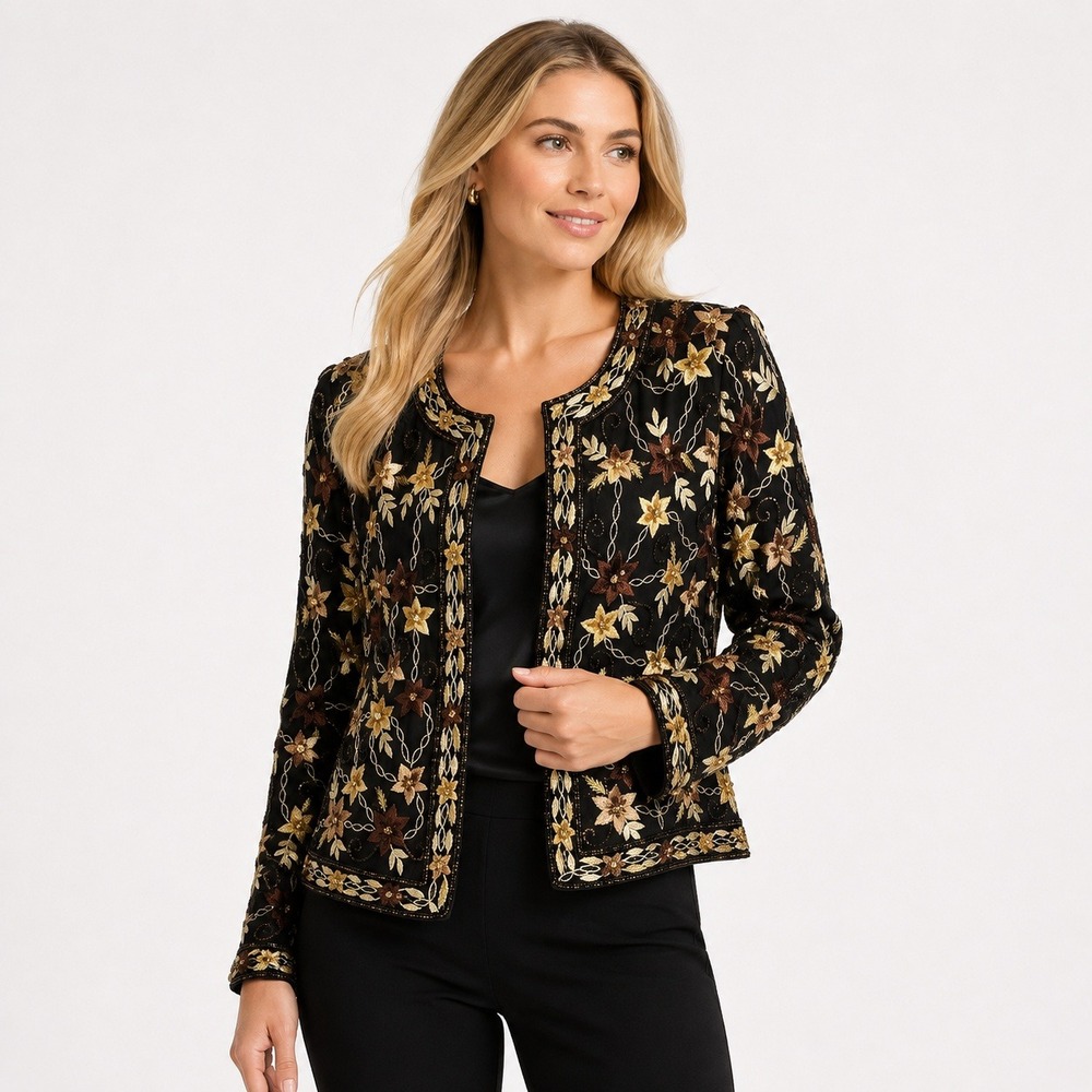 Scala 100% Silk Beaded Floral Evening Jacket Black Gold Sequin Size 8